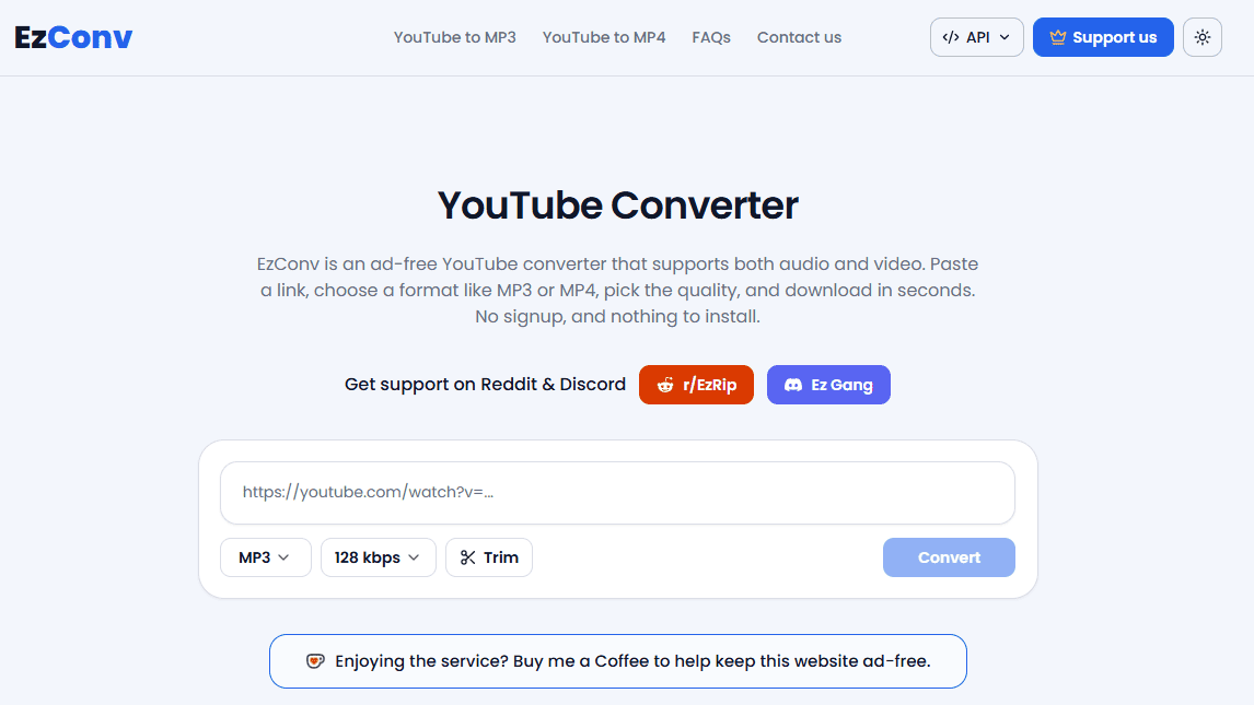 EzConv online YouTube converter homepage showing a link input box, MP3 format, 128 kbps audio quality, and Trim and Convert buttons
