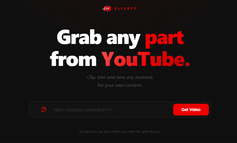 SliceYT online YouTube video cutter homepage showing a YouTube link input box and a Get Video button