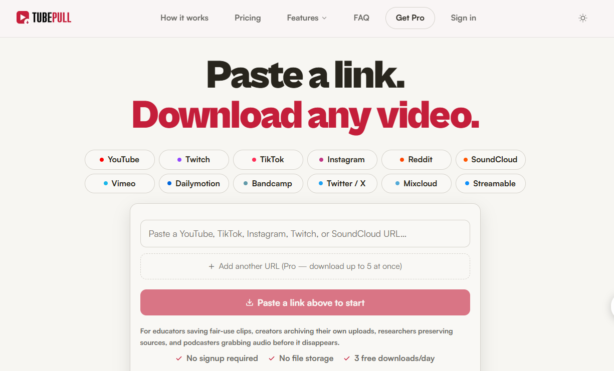 TubePull online video downloader homepage showing supported major video platforms, a link input box, and a no-sign-up download message
