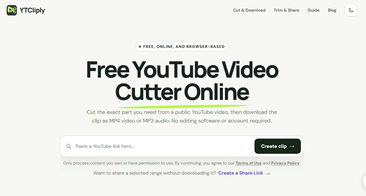 YTCliply online YouTube video cutter homepage showing a YouTube link input box, a Create clip button, and an option to share a clip link