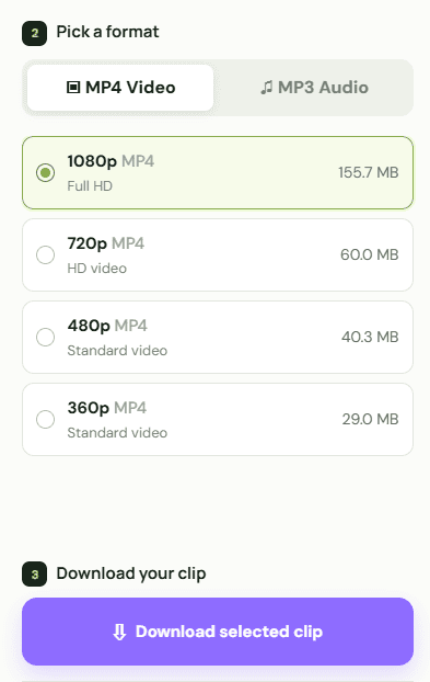Choosing a video format and quality before downloading a clip in ytcliply