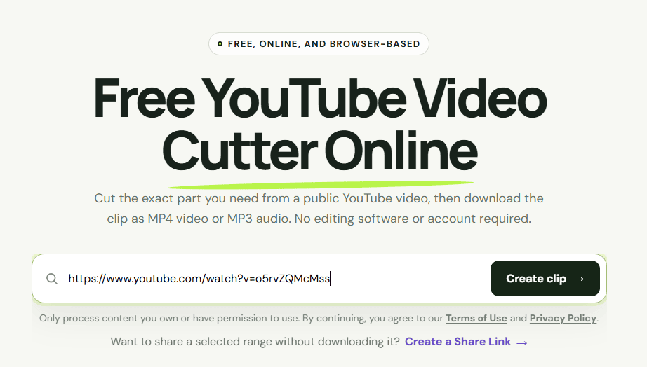 Entering a YouTube URL in the ytcliply YouTube Cutter Downloader