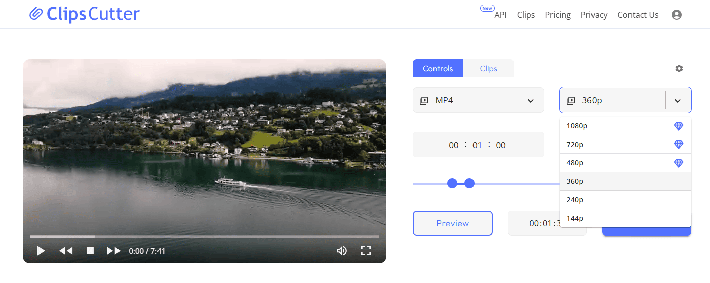 Clipscutter YouTube video clipping interface showing MP4 format and multiple video resolution options