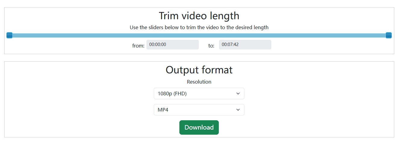 Cutter.tube video clipping interface showing time sliders, 1080p resolution, MP4 format, and a Download button