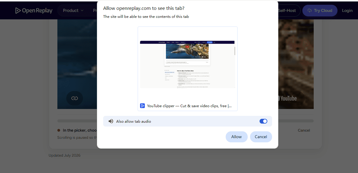 OpenReplay YouTube Clipper permission dialog asking to view the browser tab and tab audio