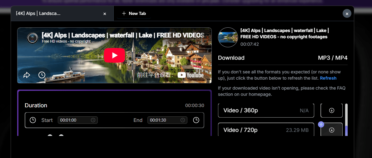 Slicetube download interface showing MP3, MP4, and Video resolution options