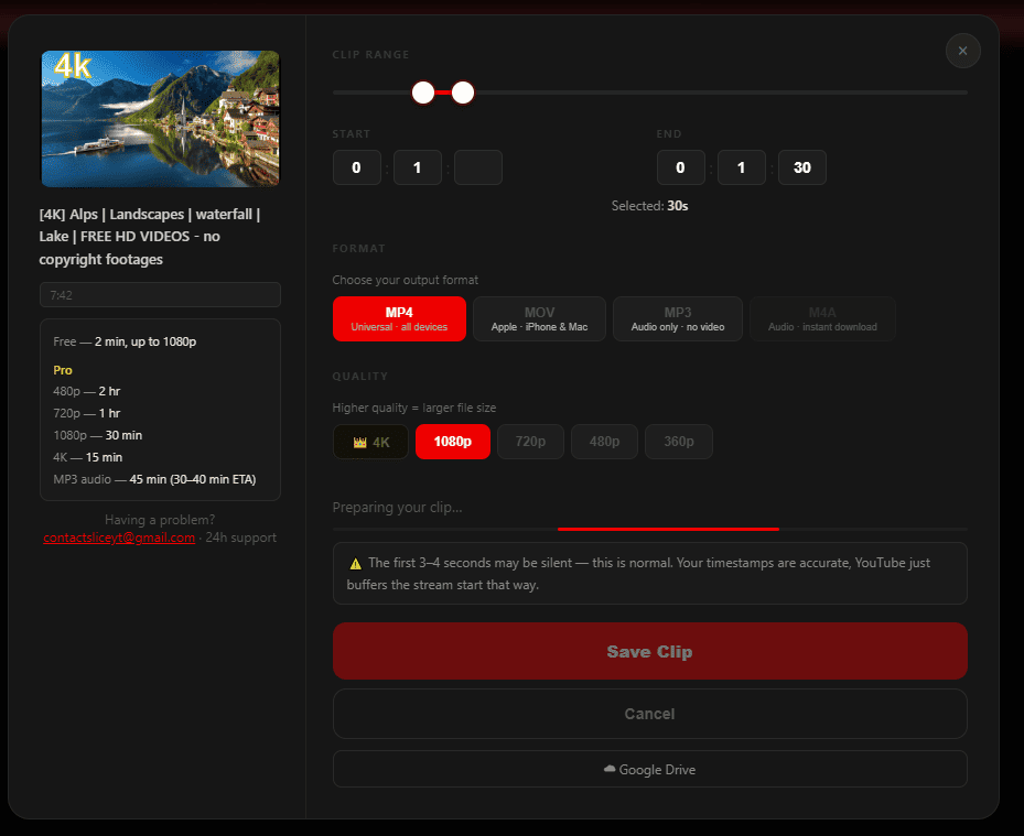 Sliceyt YouTube clipping interface showing the clip range, MP4 format, and 1080p and 4K quality options