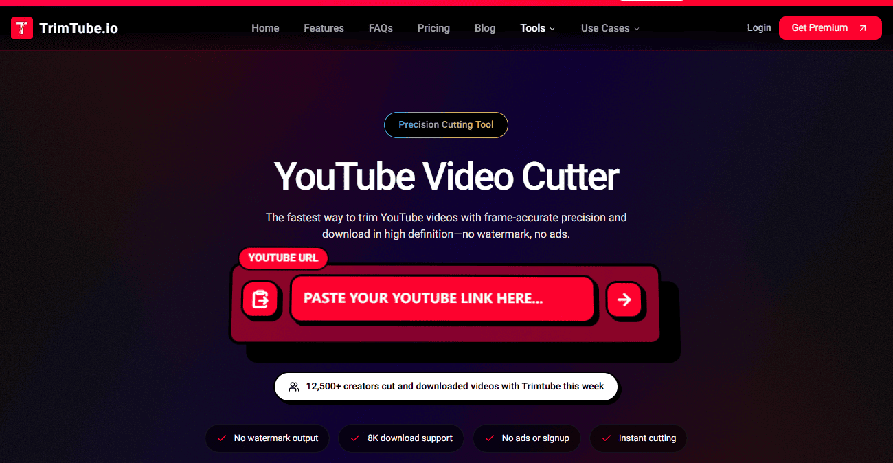 TrimTube YouTube Video Cutter homepage promoting no-watermark output, 8K downloads, and fast clipping