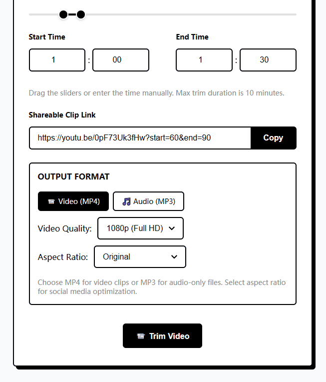 Vidstrim video clipping interface showing MP4, MP3, 1080p, and aspect-ratio settings