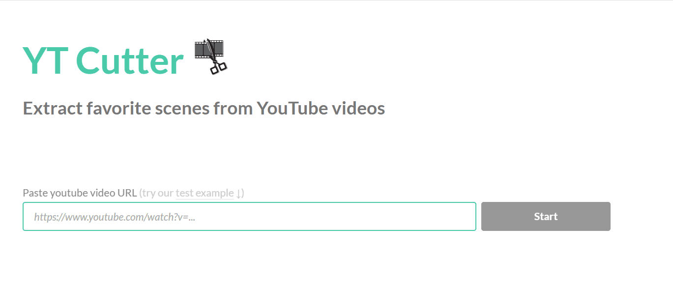 YTCutter.link homepage showing a YouTube video URL field and Start button