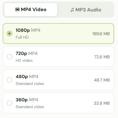 Choose MP4 Video or MP3 Audio, then select an available quality.