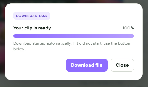 Completed download task showing that the clip is ready, with a Download file button.