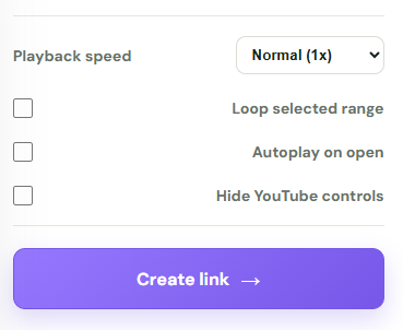 Choose playback speed, looping, autoplay, and YouTube control options before creating a share link.
