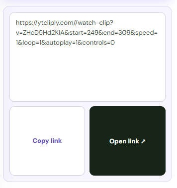 Generated share URL with Copy link and Open link actions.